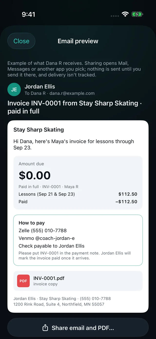 Invoice email preview screen