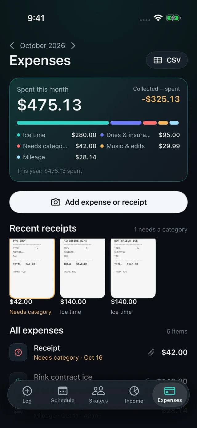 SkateLedger expenses screen