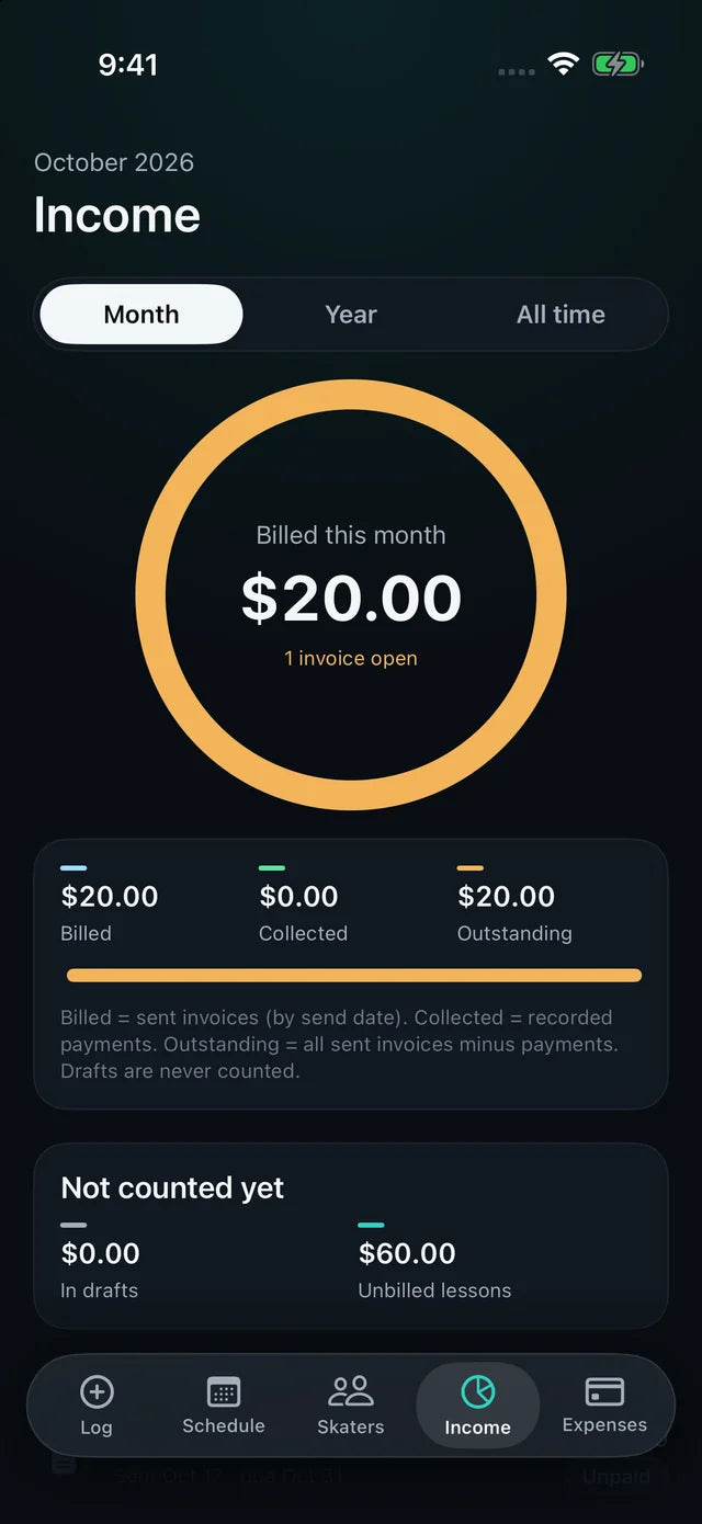 SkateLedger income screen