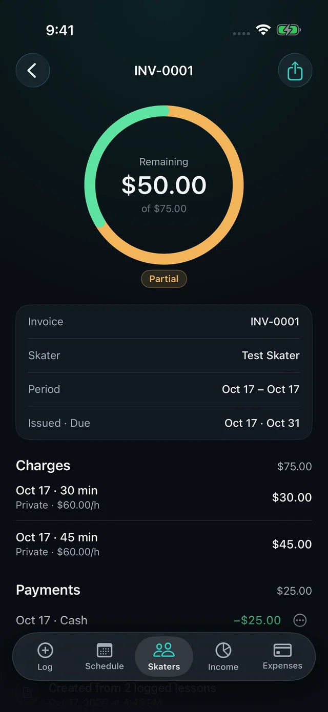 Invoice with payments screen