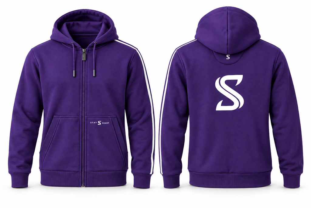 AI studio render of Stay Sharp Afterglow hoodie in Amethyst Purple, front and back views