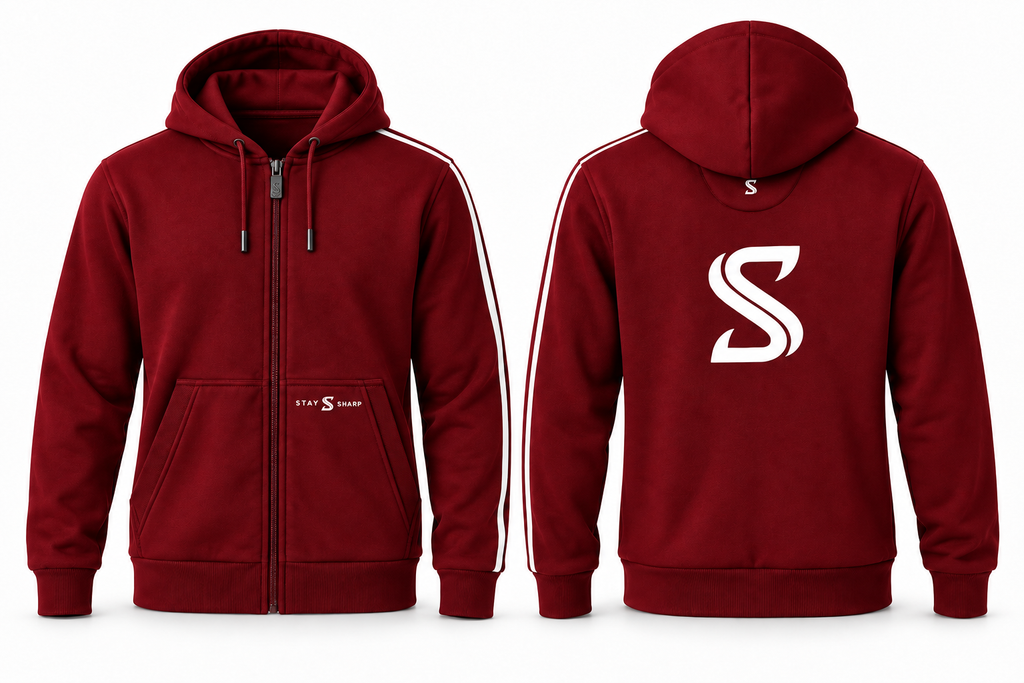 AI studio render of Stay Sharp Afterglow hoodie in Garnet Red, front and back views