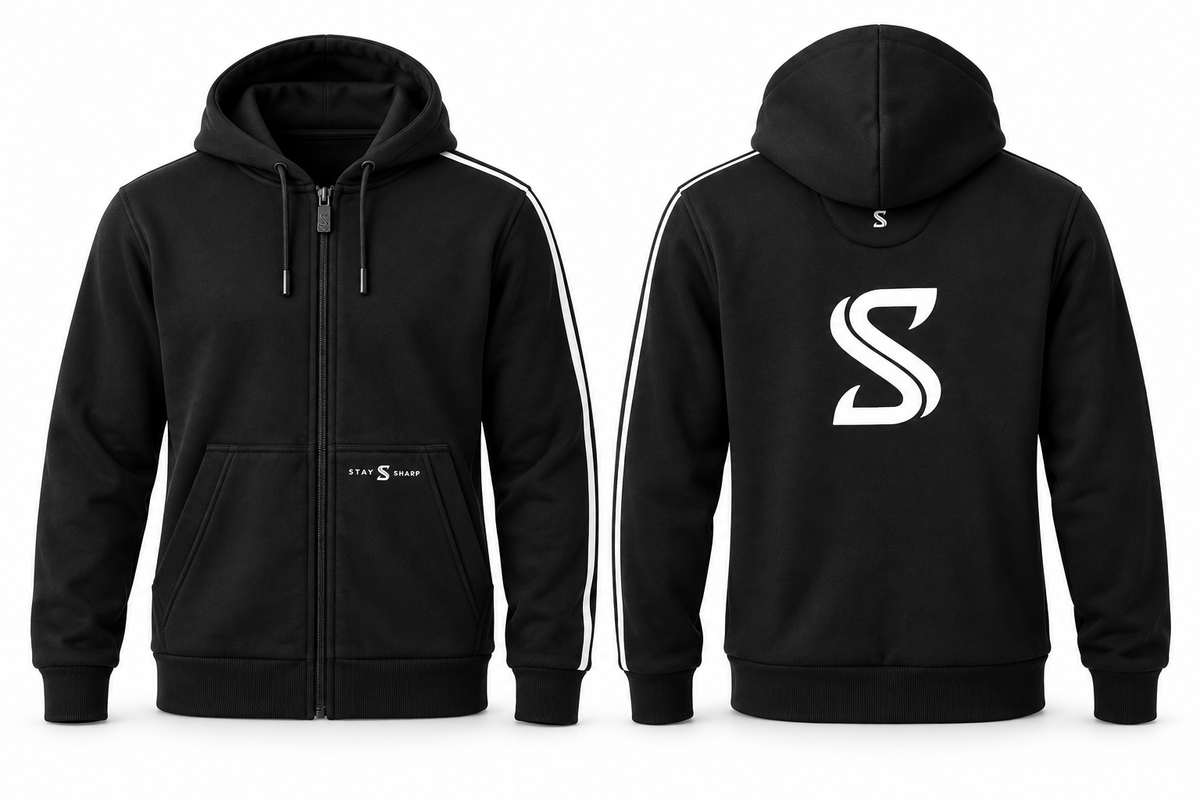 AI studio render of Stay Sharp Afterglow hoodie in Obsidian Black, front and back views