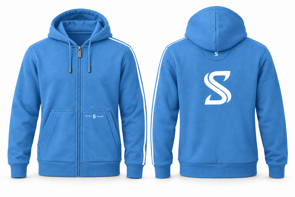 AI studio render of Stay Sharp Afterglow hoodie in Topaz Blue, front and back views