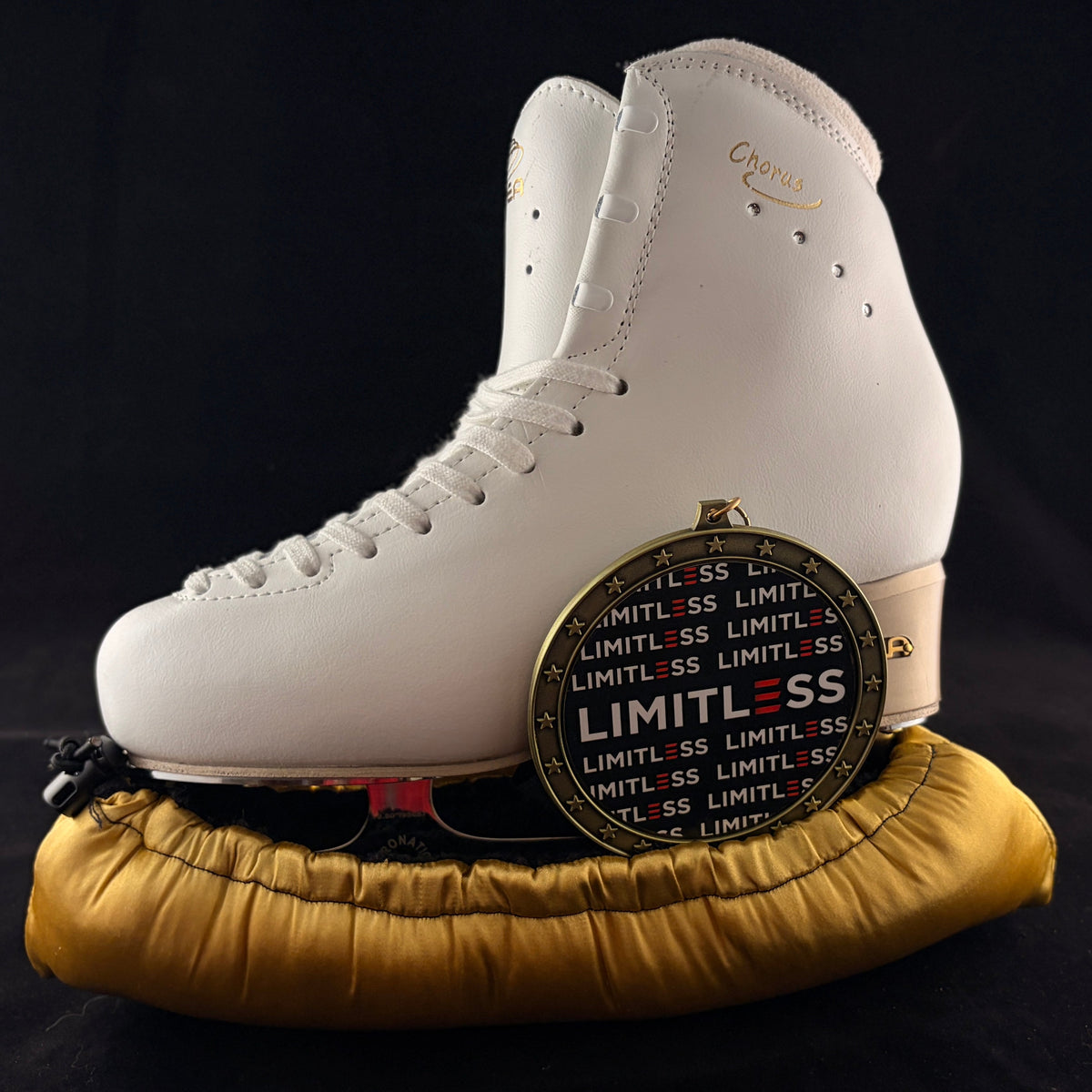 Gold Medalist blade soakers shown on a figure skate