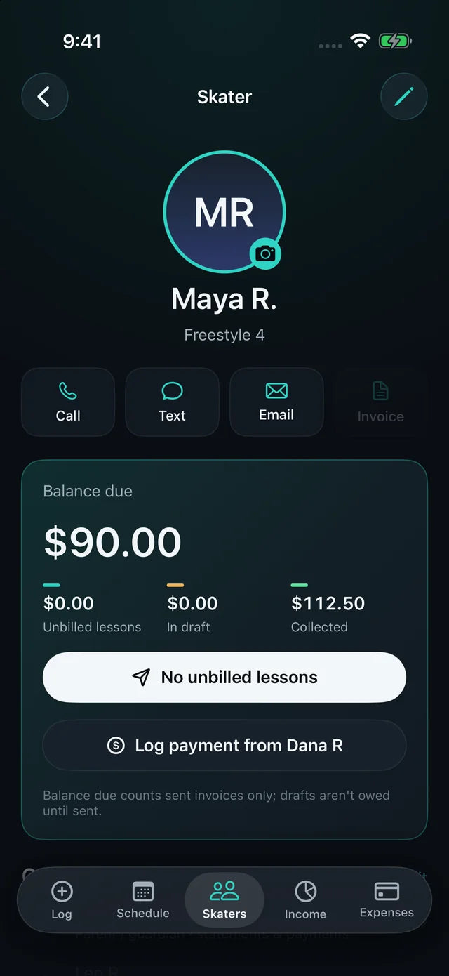 Skater account screen