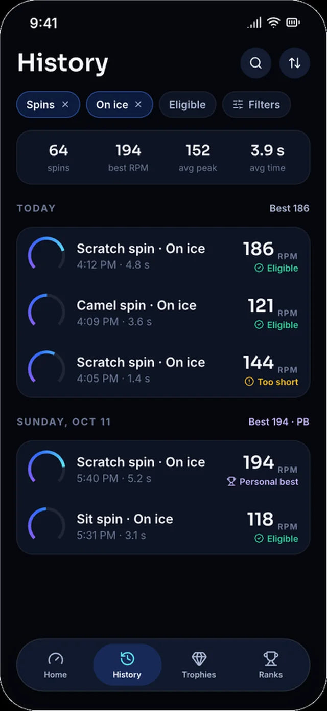 SpinRPM history screen